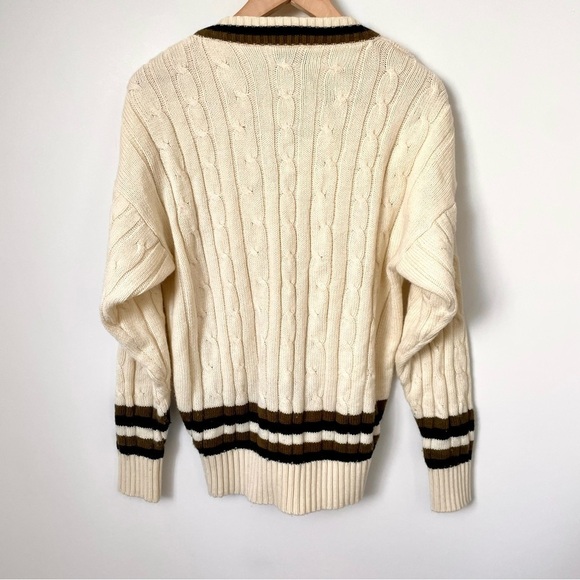 Vintage Preppy Cream Cable Knit Varsity Academia V Neck Sweater - Picture 6 of 8